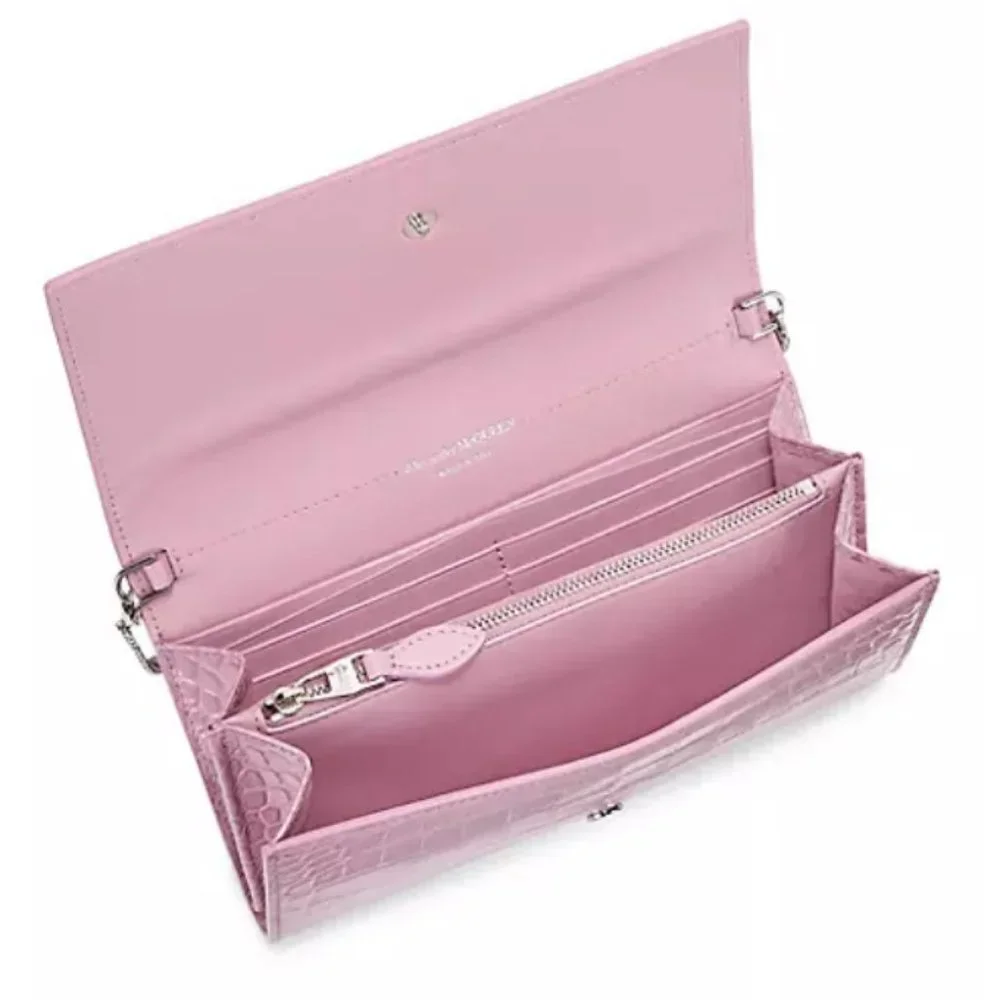 Alexander McQueen Croc-Embossed Leather Wallet-On-Chain Antic Pink